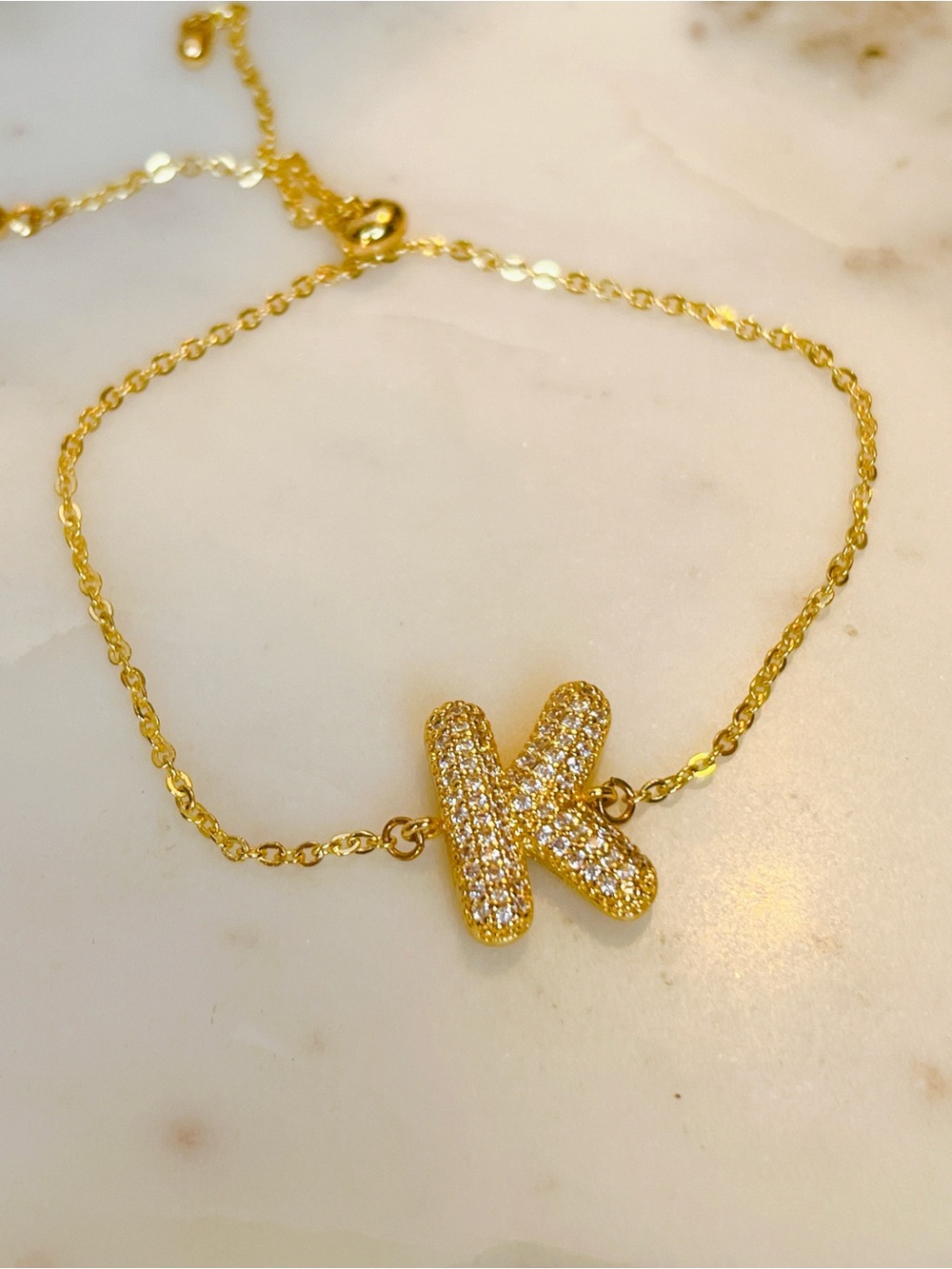 18k yellow gold CZ Pave K letter bolo adjustable bracelet stainless plated - Picture 2 of 4